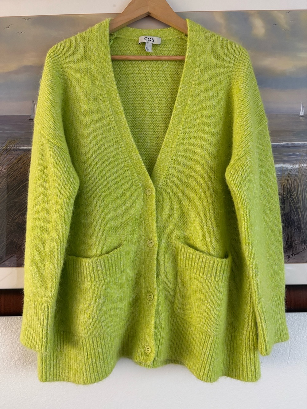 COS Brushed Alpaca-Wool Mix Oversized Long Cardigan Large Lime Green Minimalist